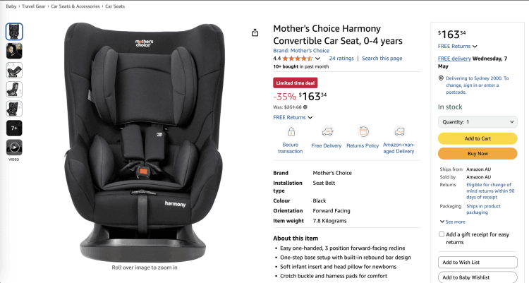 Amazon: Mother’s Choice Harmony Convertible Car Seat (0-4 years) – $163.34 – 35% Off